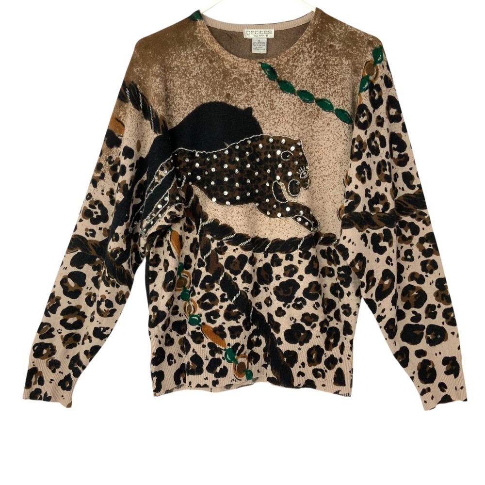 Petites by SML Brown Leopard Sweater S Pullover Crew Neck Long Sleeve Rhinestone